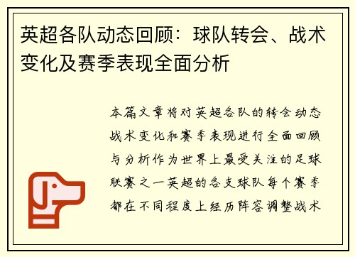 英超各队动态回顾:球队转会、战术变化及赛季表现全面分析 英超各队动态回顾:球队转会、战术变化及赛季表现全面分析