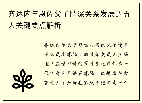 齐达内与恩佐父子情深关系发展的五大关键要点解析